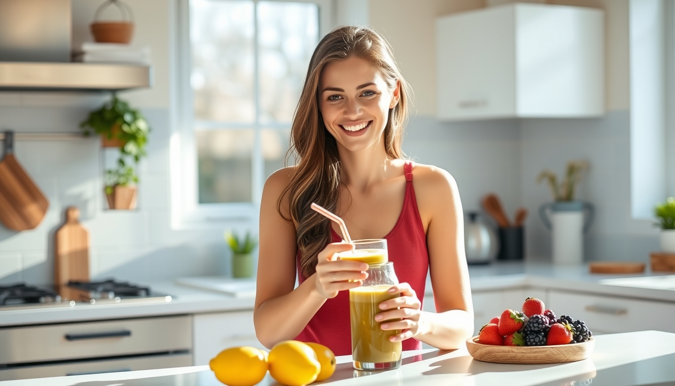 Happy young woman preparing a healthy smoothie in a bright kitchen reflecting the energy and freshness of a sunny morning.