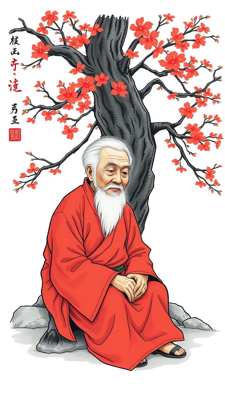 An elderly man in traditional Chinese red clothing, white hair, sits down near the tree, illustrated in a picture book style with a simple, light white background.