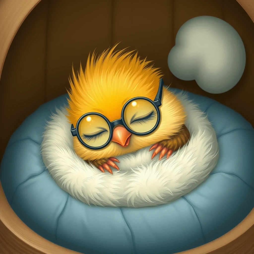 Sweet little bird with glasses sleeping in its little bed.