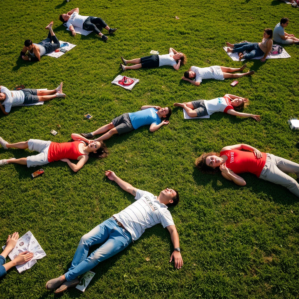 People are lying on the grass.