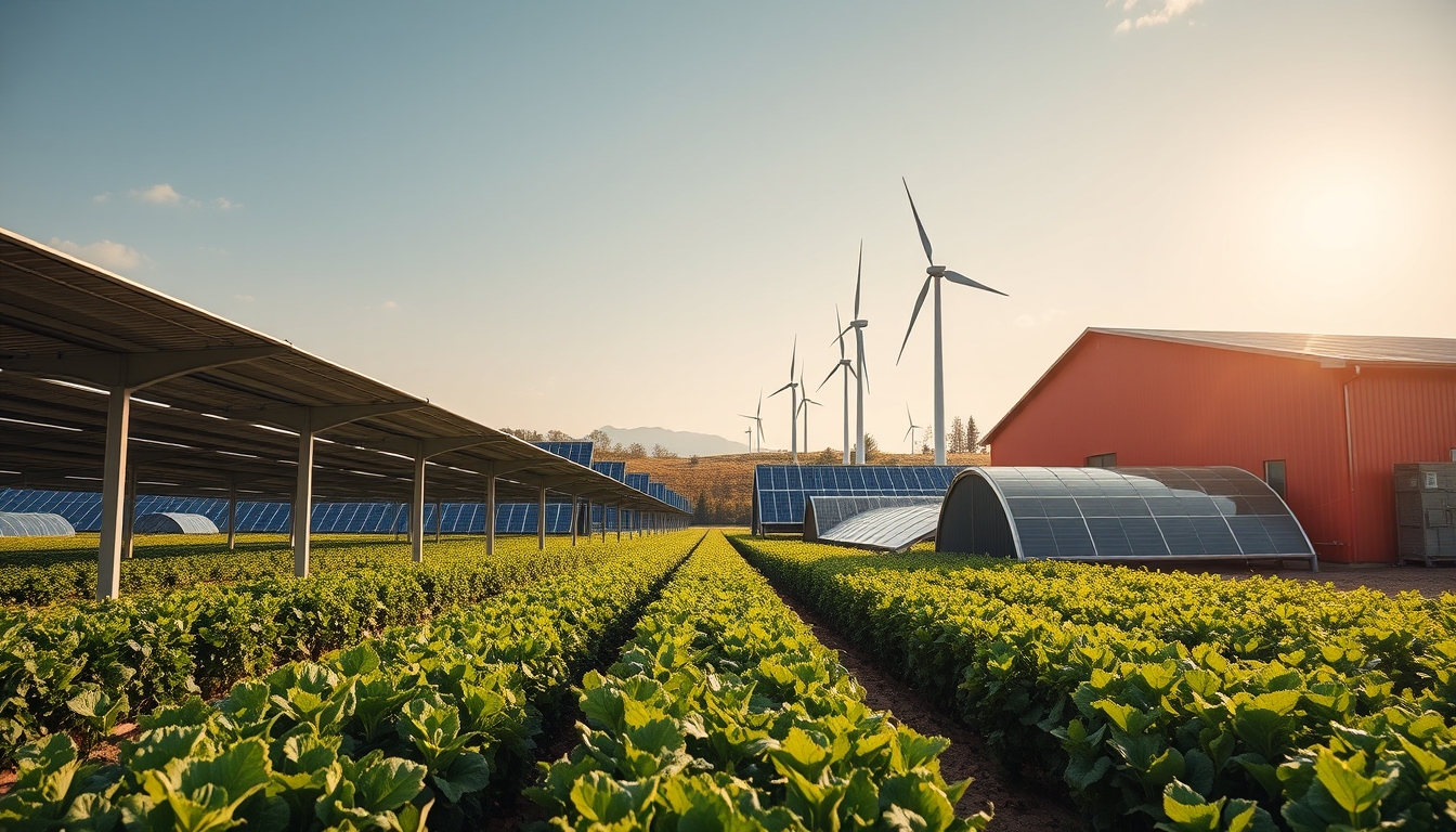 A wide-angle shot of a modern, eco-friendly farm with solar panels, wind turbines, and organic crops in the foreground.