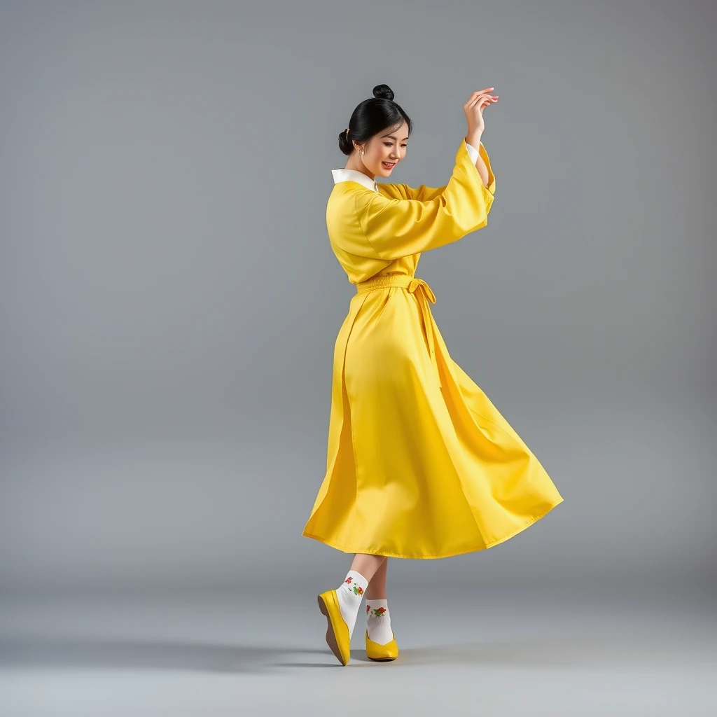 A single Korean woman dancing in a yellow traditional Korean costume. Dancing classically, daintily, and nobly. FULL SHOT, yellow traditional shoes, neatly tied black hair. Full body is visible, feet in white flowered socks, nimble movements. - Image