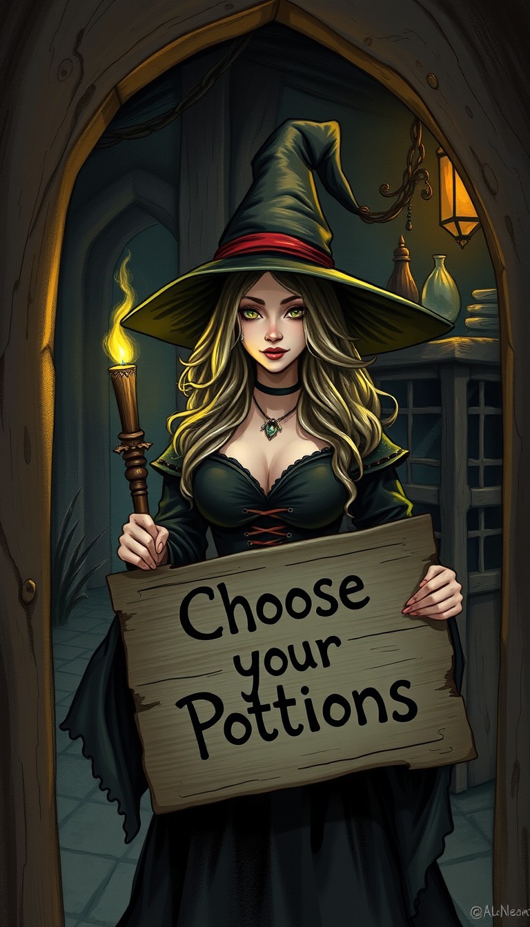 A beautiful witch in her dark home, holding a sign saying "Choose your Potions". - Image