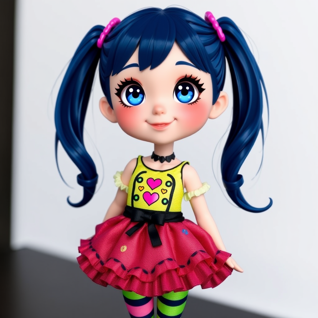 Petite (5'3") with long dark blue hair in twintails. Round, expressive blue eyes and a cheerful face with rosy cheeks. Favors colorful, cute outfits with skirts, patterned tights, and tops with fun designs. Stage costumes are elaborate with sequins and ruffles.