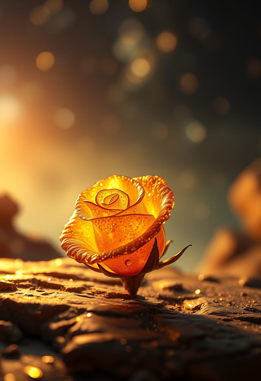 Dreamscape realistic breathtaking, a lonely beautiful rose fossil made of amber, atmospheric, sparkly, incredible, dreamy, magical, backlit, award-winning, intricate details, ultra details, realistic, professional, highly detailed, super sharp, close-up, fantastical, enchanting, storybook style, golden hour light. Surreal, ethereal, dreamy, mysterious, fantasy, highly detailed. - Image