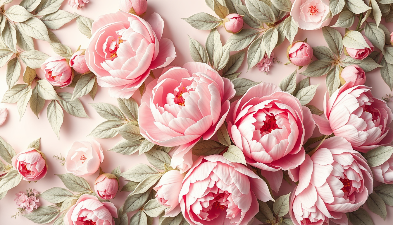 Stunning wallpaper design with a large pattern of flowers and leaves of peonies, 3D image in delicate pastel colors. The overall aesthetic is romantic and dreamy. - Image