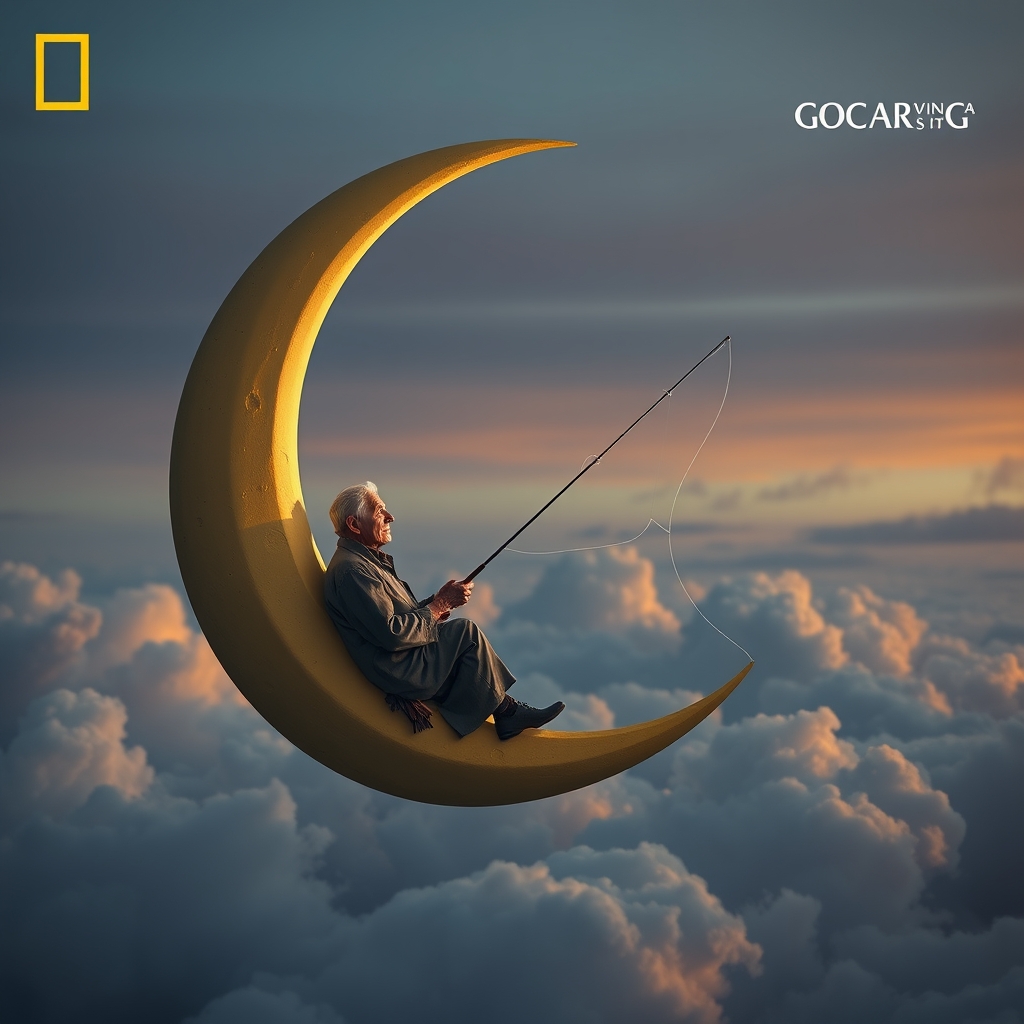 An old man sits serenely on a crescent moon, fishing among the clouds. The scene has an evening, tranquil atmosphere. It’s dreamy and whimsical. Deep depth of field, photography, National Geographic photo, hyper-realistic, 16k resolution, masterpiece, award-winning artwork, many details, extremely detailed, full of details, wide range of colors, high dynamic.