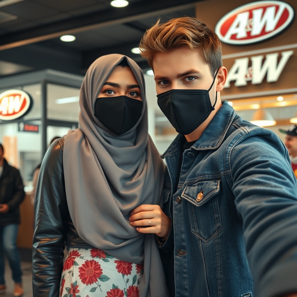 Jamie Dornan's head and body shot, handsome young man, black face mask, blue jeans jacket, jeans, dating a Muslim girl in a grey hijab with beautiful eyes, wearing a black face mask and black leather jacket, with the biggest floral skirt, at an A&W fast food restaurant, with three other friends smiling in the background, photorealistic, hyper-realistic, street photography, selfie.