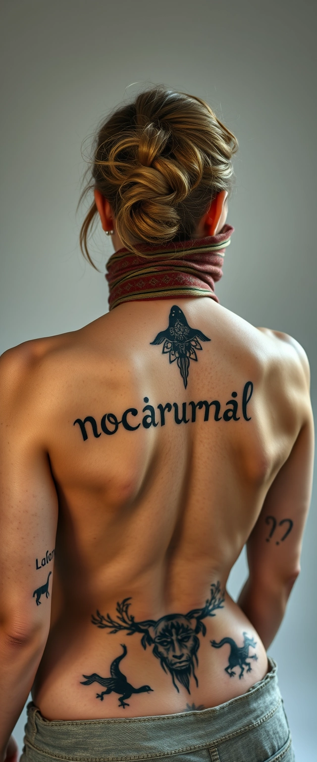 Tattooed back of a muscular Ukrainian woman with white skin, with "nocturnal animal" written on it, wearing a cloth on her face. - Image