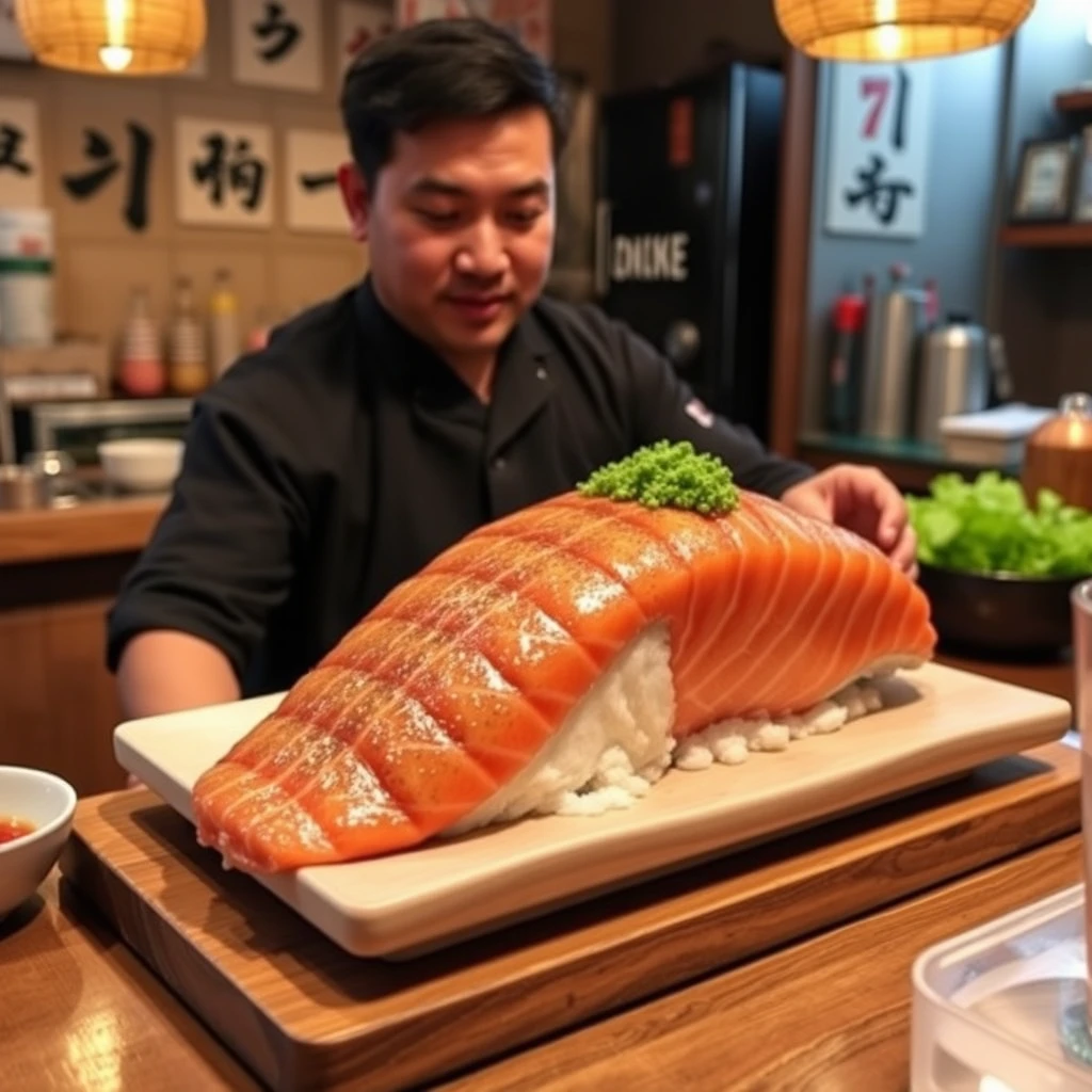 "I'm going to make a promotional video for the izakaya, highlighting the signature dish, the giant salmon sushi."