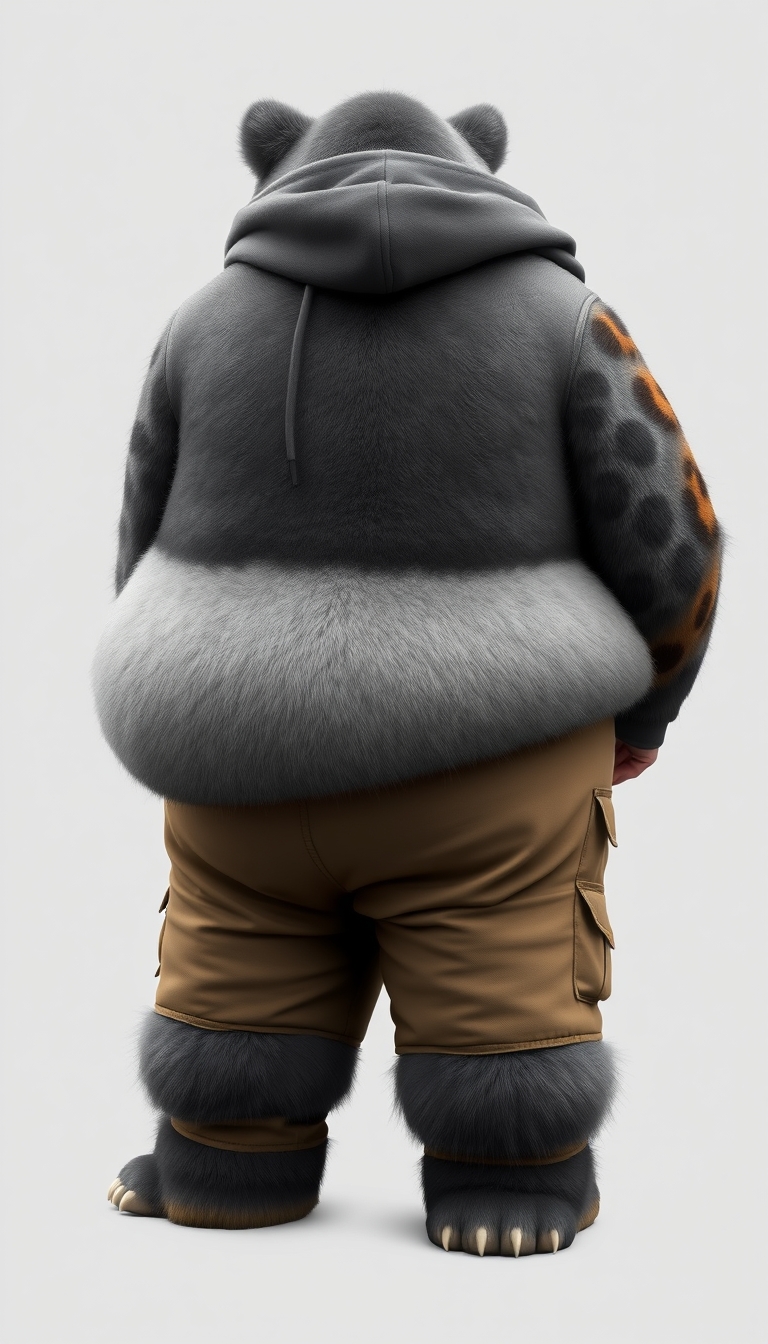 quarter view, Anthropomorphic obese gray bear leopard hybrid, blended features. gray and black fur with tan and white fur markings. he has a heavyset body. wide fat bottom. Fat wide double chins. tan cargo pants and zip up hoodie. full body. uncropped. fluffy fur. digital art, semi-realistic - Image