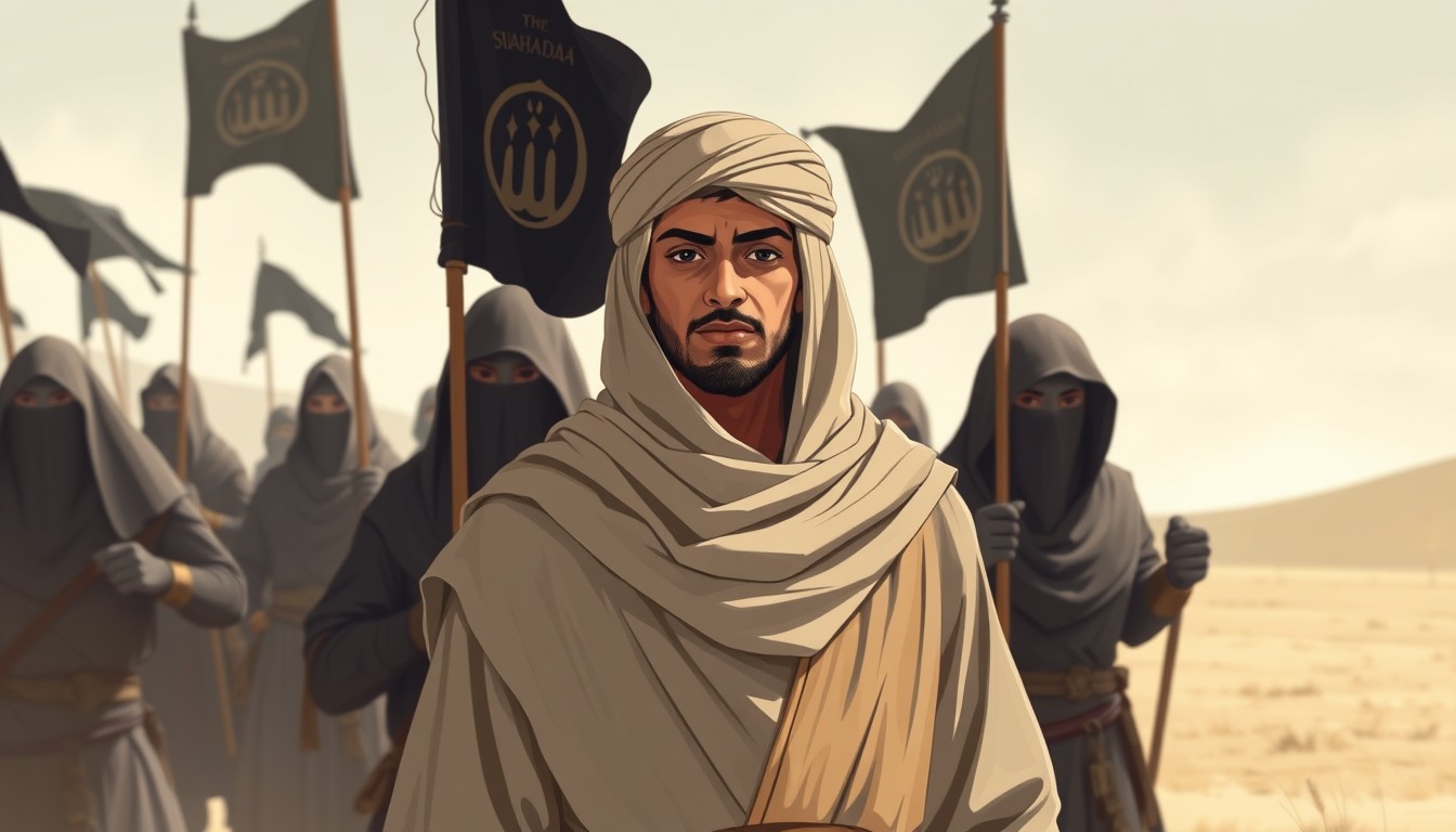 Full-view minimal illustration of a young Muslim commander wearing modest cloak and turban with scarf hood, standing behind great Muslim warriors with a leader expression. The medieval Muslim warriors are wearing veils and holding black Shahada banners, guarding him in open land. Alpha, acrylic paint shader, dynamic illustration. - Image