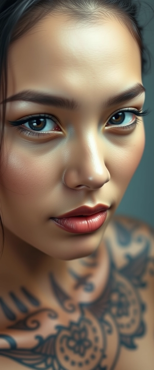 Close tilt-up shot of a fair-skinned, beautiful Indian-Korean woman with stunning facial features, realistic skin, and a perfect body, heavily tattooed all over.