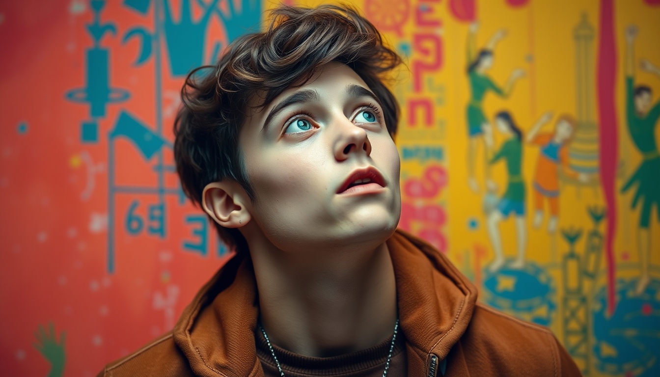 Photo portrait of a pretty young male, shocked, looking into empty space, wearing a trendy brown outfit, isolated on a colorful background, 8k UHD, high detail.