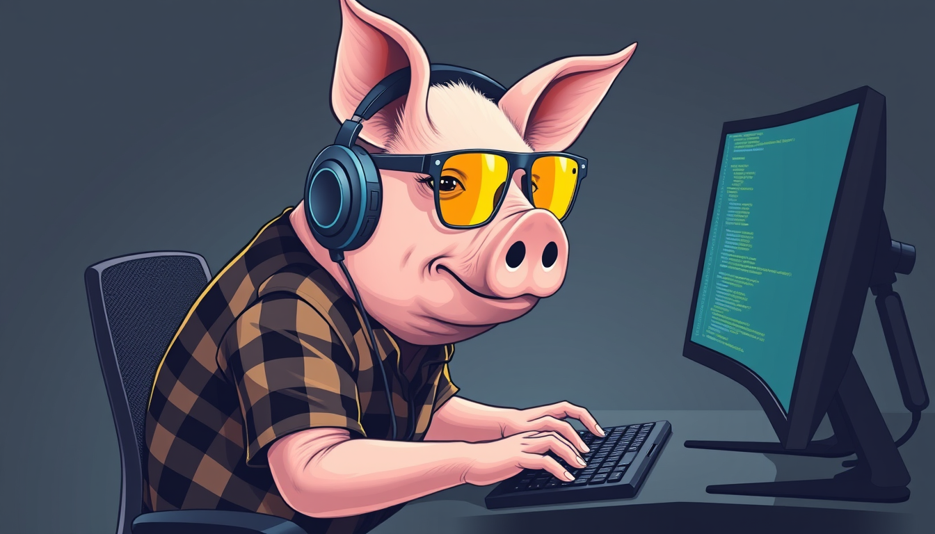 A tech-savvy pig coder, wearing yellow-tinted glasses and sleek noise-cancelling headphones, hunches over a cutting-edge multi-monitor setup. The anthropomorphic pig exudes focus, typing furiously. Dressed in a plaid t-shirt. - Image