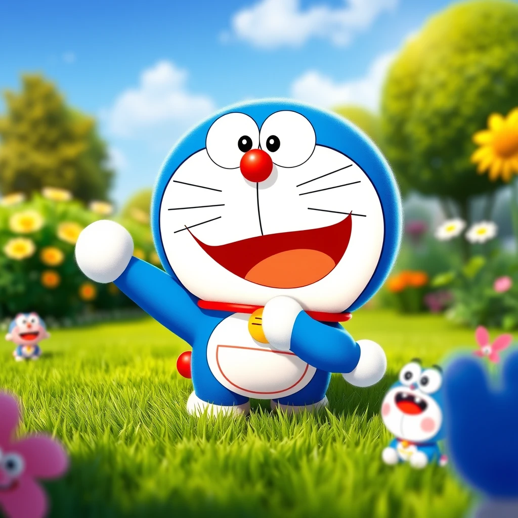 Doraemon in Pixar style, cute and expressive, vibrant colors, playful pose, sunny garden setting, green grass, blue sky, warm sunshine, cheerful and inviting atmosphere, fuzzy texture, with his friends.