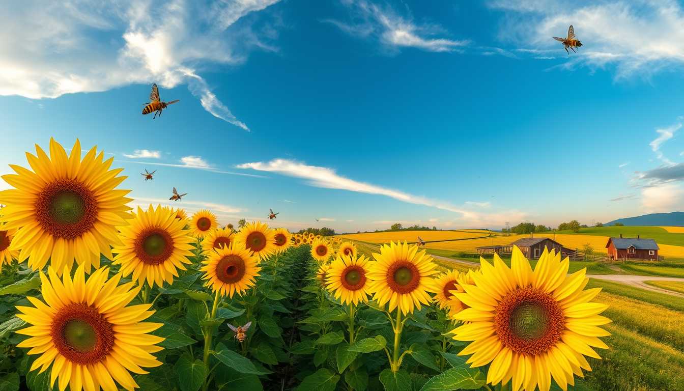 Vibrant, sunflower fields, golden blooms, high quality, photorealistic, summer, cheerful, idyllic, rural, panoramic, breathtaking, countryside::1.5 bees, butterflies, rural farmhouses, blue skies, windblown fields, rural roads, sunset, floral arrangements.