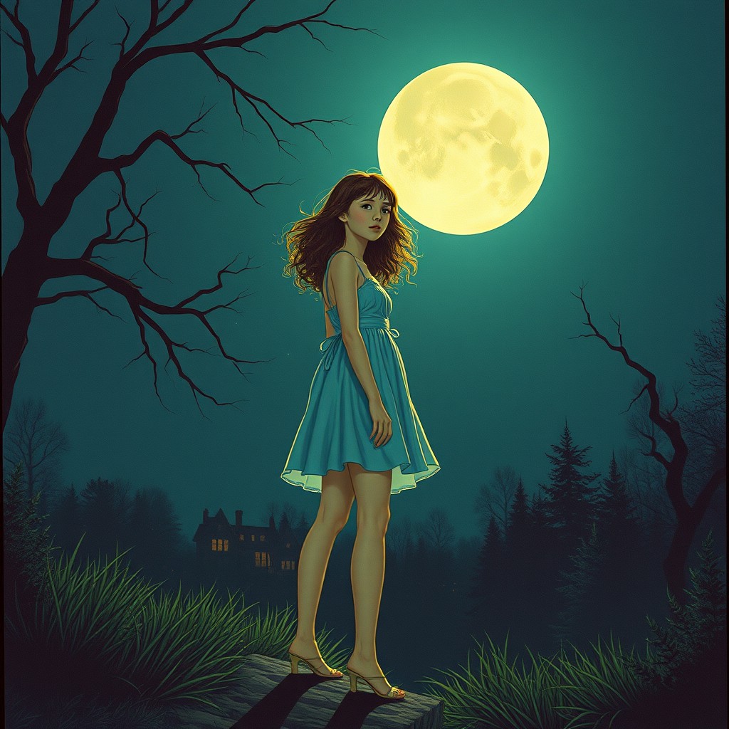 designed by Paul Rader, photograph, fairy tale, 21-year-old girl in a short dress, nsfw, Moon in the night, Detailed illustration, Generative Art, film grain, Kodak Ektachrome E100, 50mm - Image