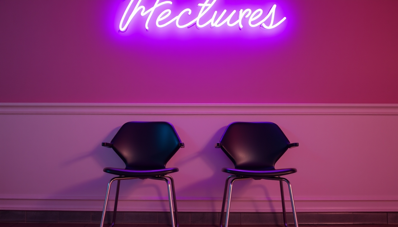 Two chairs are sitting in front of a wall with neon lights.