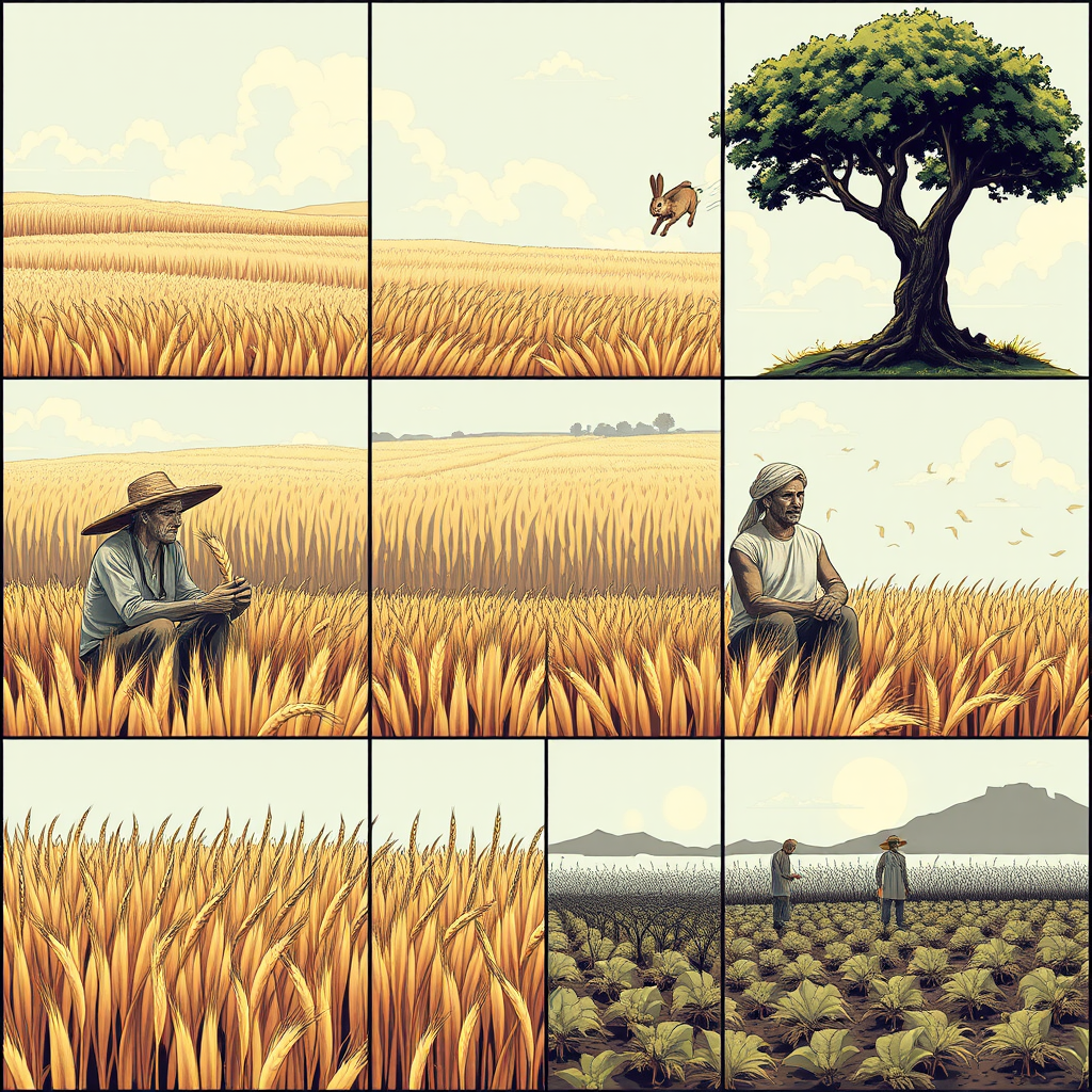 The image style is "cyberpunk," featuring an ancient farmer in a 3x3 grid. 
In the first panel, the farmer is harvesting wheat, with a vast wheat field in the background. 
In the second panel, the farmer is sitting under a tree, resting, while a rabbit is rushing toward the tree. 
In the third panel, the farmer catches the rabbit. 
In the fourth panel, the farmer is carrying the rabbit home. 
In the fifth panel, the farmer sits under the tree. 
In the sixth panel, the farmer sighs while sitting under the tree. 
In the seventh panel, the farmer stares blankly at the sky. 
In the eighth panel, the crops have withered. 
In the ninth panel, the farmer is planting seeds in the field. - Image