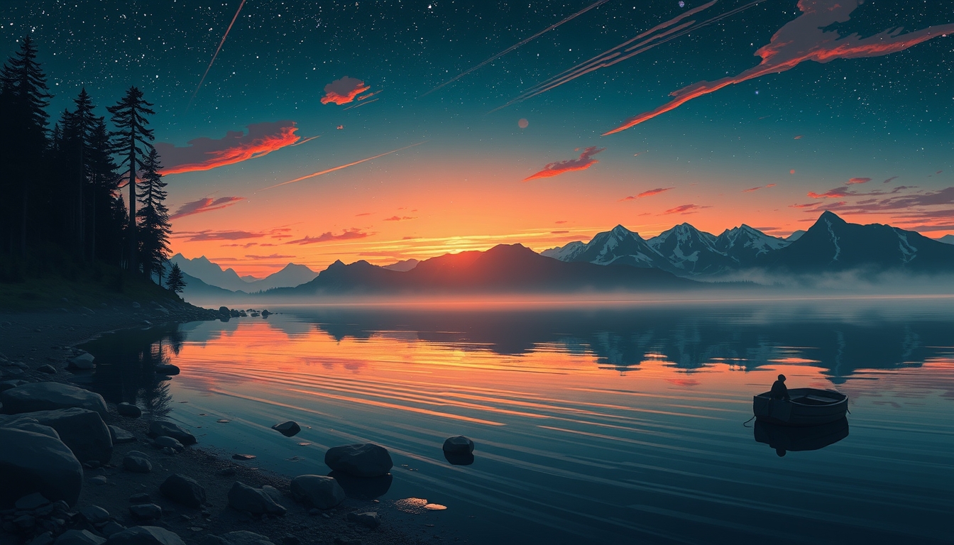 by Alena Aenami, by Mark Schultz, by __photographers__, tranquil, peaceful, serene, calm, (what lies behind the darkness: 1.4), cartoon, highly detailed and hyper surrealistic, perfect composition, harmonic colors, dramatic lighting, low angle panoramic view, tilted horizon