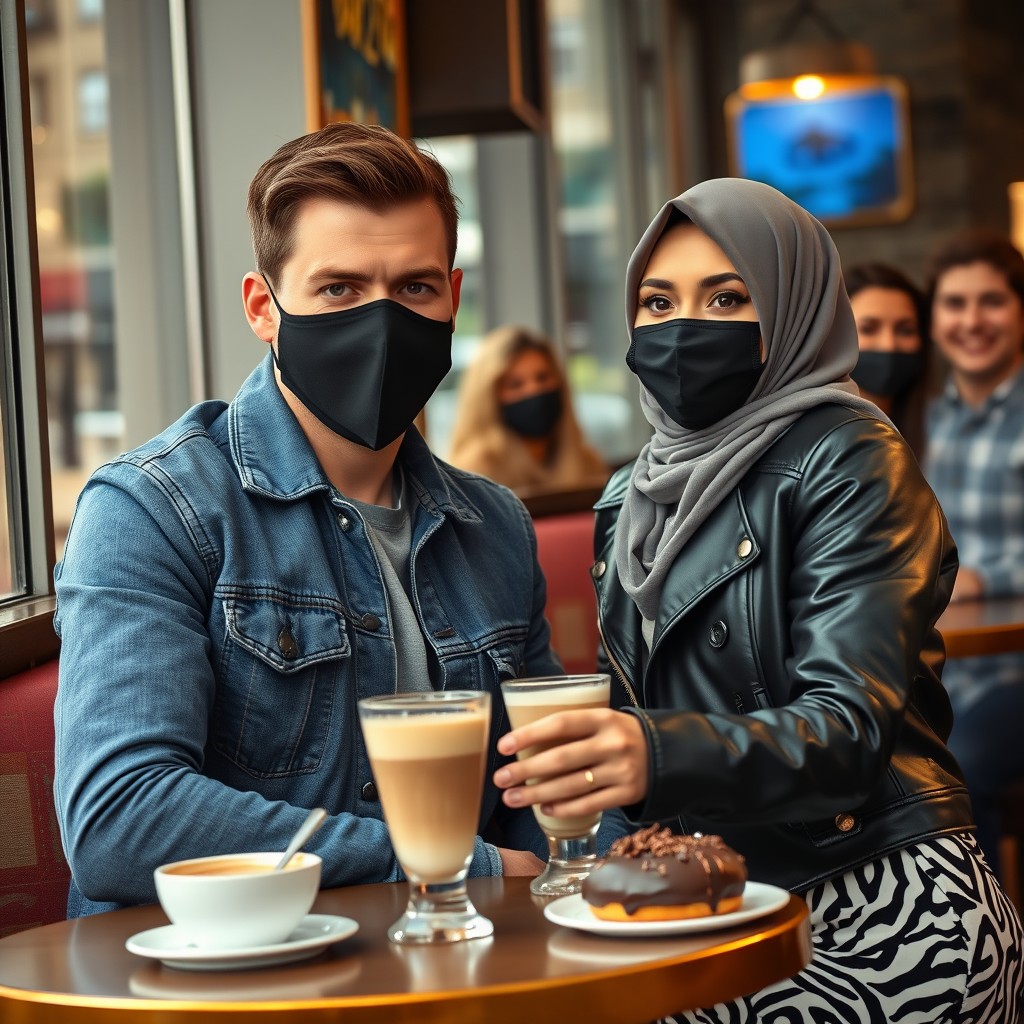 Jamie Dornan's head and body shot, handsome, black face mask, blue jeans jacket, jeans, dating a Muslim girl in a grey hijab with beautiful eyes, black face mask, black leather jacket, the biggest zebra pattern skirt, at a cafe, 2 cups of latte, muffin cake, chocolate donut on a table, with another 3 friends smiling in the background, photorealistic, hyper-realistic, street photography, selfie. - Image