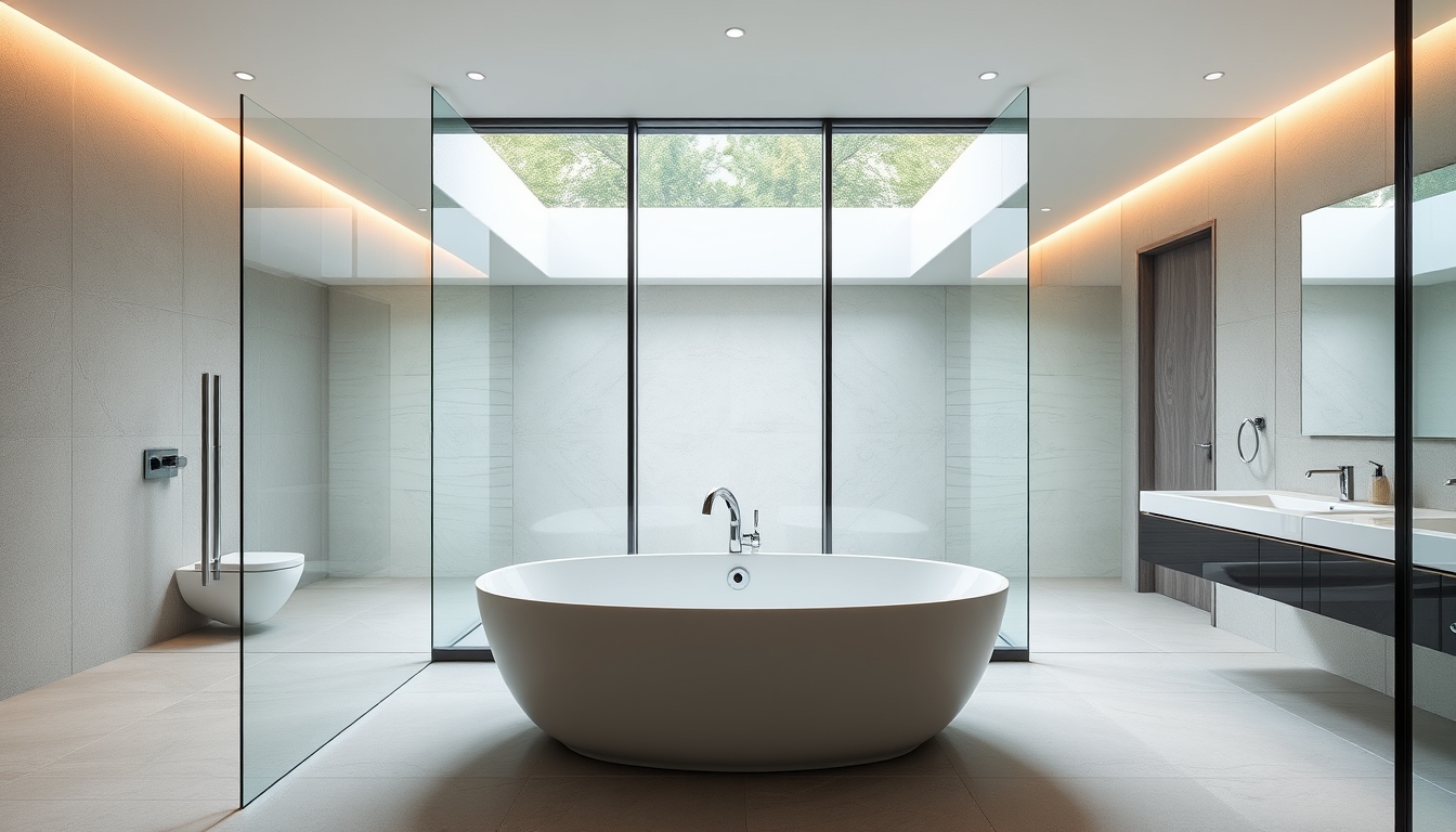 A sleek modern bathroom with glass walls and a luxurious soaking tub.