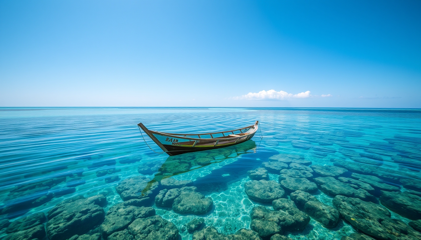 A tranquil beach with a glass-bottomed boat floating over a coral reef.