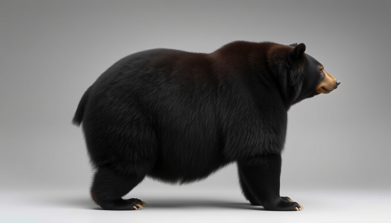 Realistic, quarter view, black bear, standing. Weight gain progression from thin to obese. 3 panels: left thin, middle fat, right obese. - Image