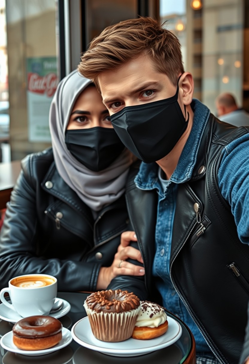 Jamie Dornan's head and body shot, handsome, face mask black, blue jeans jacket, jeans, dating love with grey hijab Muslim girl, beautiful eyes, face mask black, black leather jacket, biggest zebra pattern skirt, at cafe, 2 cups of latte, muffin cake, choco donut on a table, photorealistic, hyper realistic, street photography, selfie.