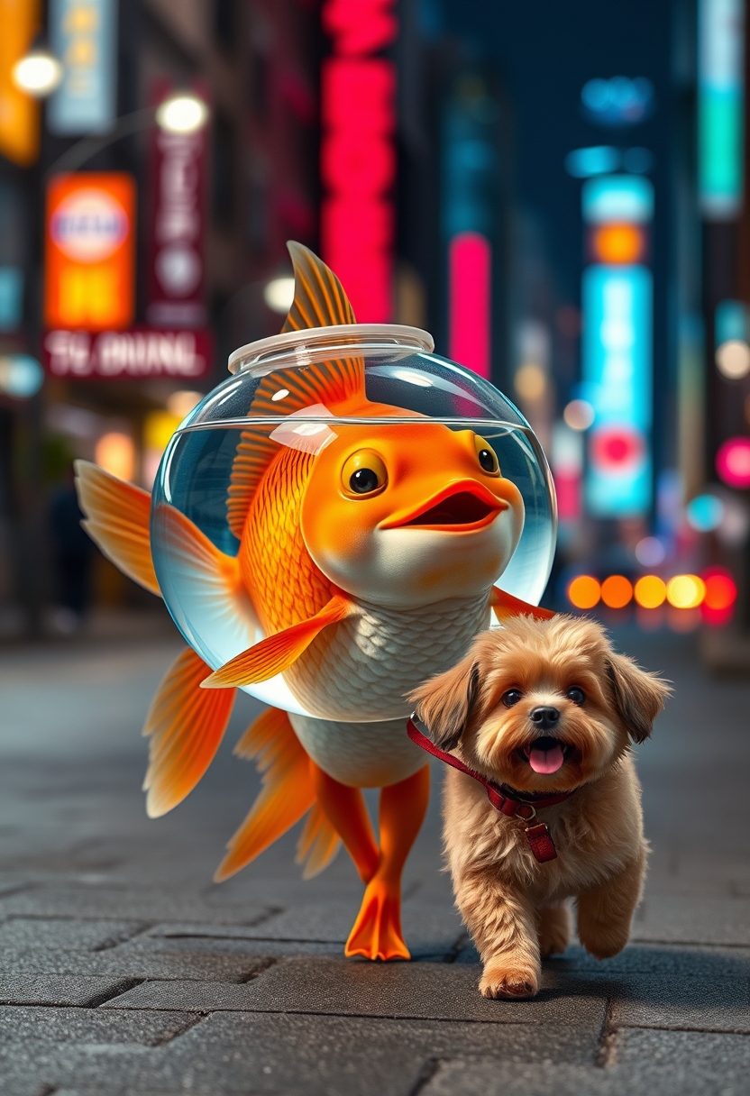 A cute happy goldfish wearing a fish bowl as a breathing mask (half filled with water) is walking a cute dog on a leash in the streets at night, with colorful city lights, happily laughing, mouth open, cute face, walking on fins (no legs), with a fluffy dog in front, in a silly walk, ultra-realistic, realism.