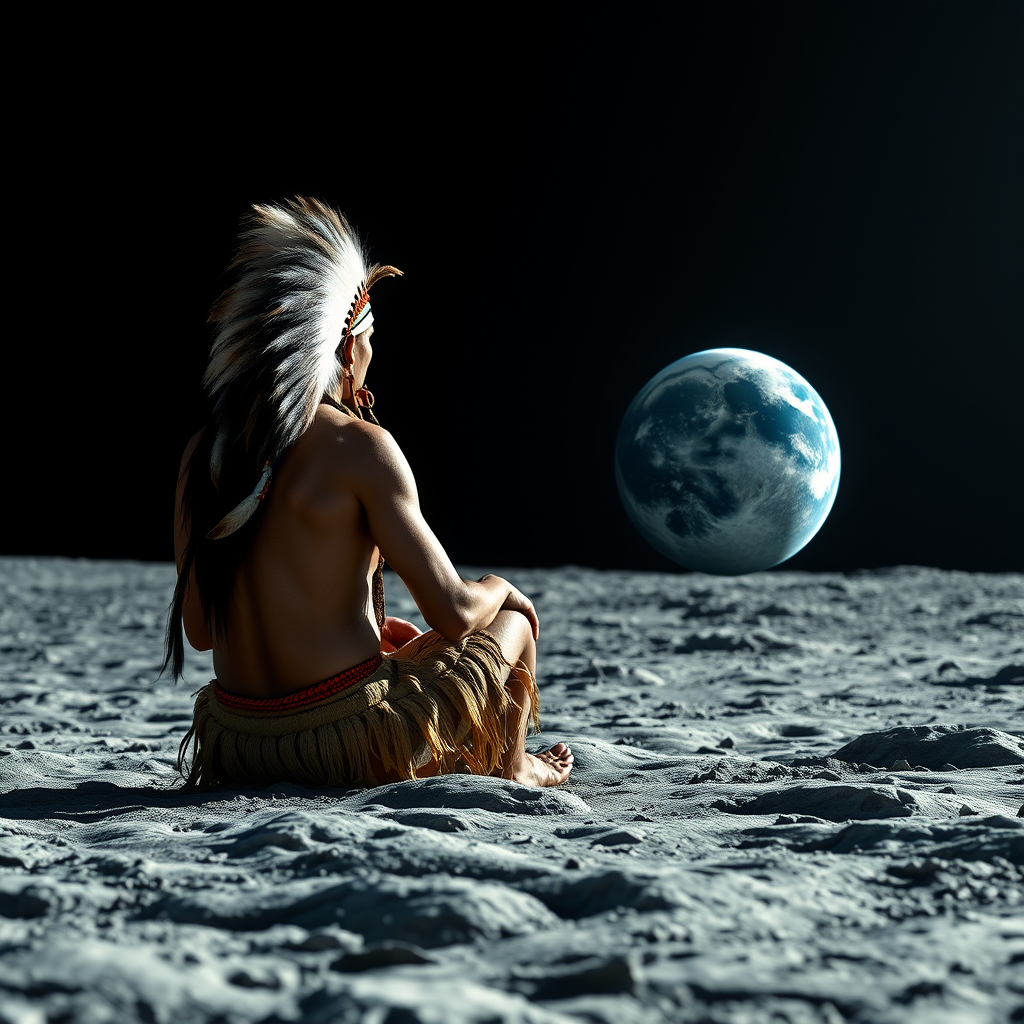 Taino Indian on the moon looking at Earth, sitting on the ground with his back to the viewer and Earth in front of him. The ground is moon grey, no headdress, 8K, high quality.