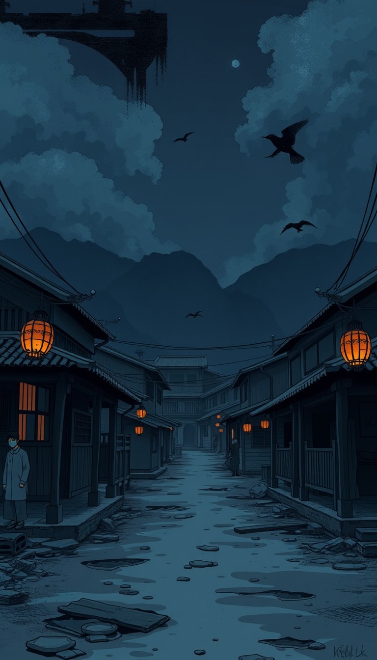 Night background, Chinese rural setting, front view, grim and dim atmosphere. 8K resolution, flat comic sketch style, graphic novel style, 2D effects, flat colors, drab painting style. - Image