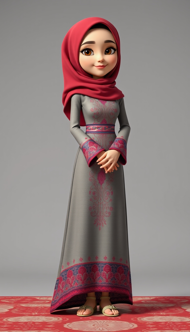 "Create a 3D, 8K animated cartoon of a Muslim woman from Palembang wearing a long traditional songket dress. She should have her hands covered with batik gloves. The image should capture the elegance and cultural richness of the attire."