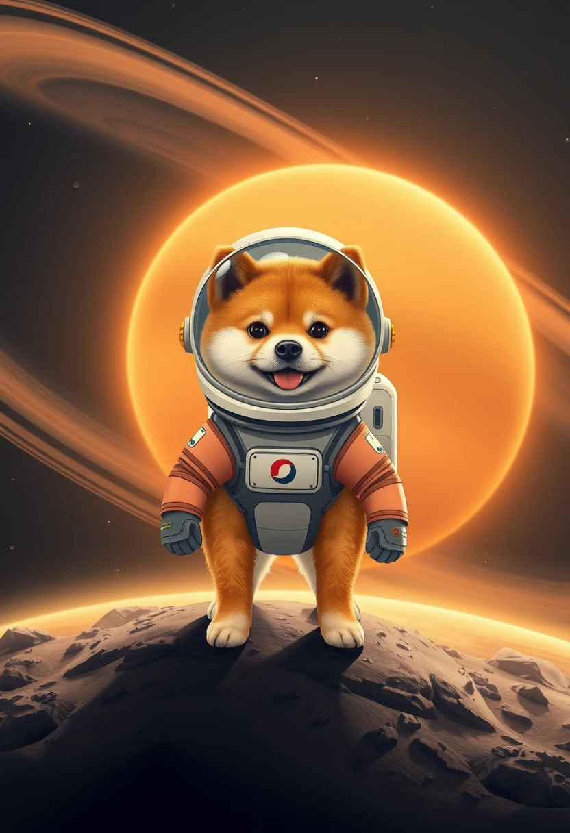 A little Shiba Inu in a spacesuit stands on Saturn, with a space base behind it and the massive Saturn rings in the distance. - Image