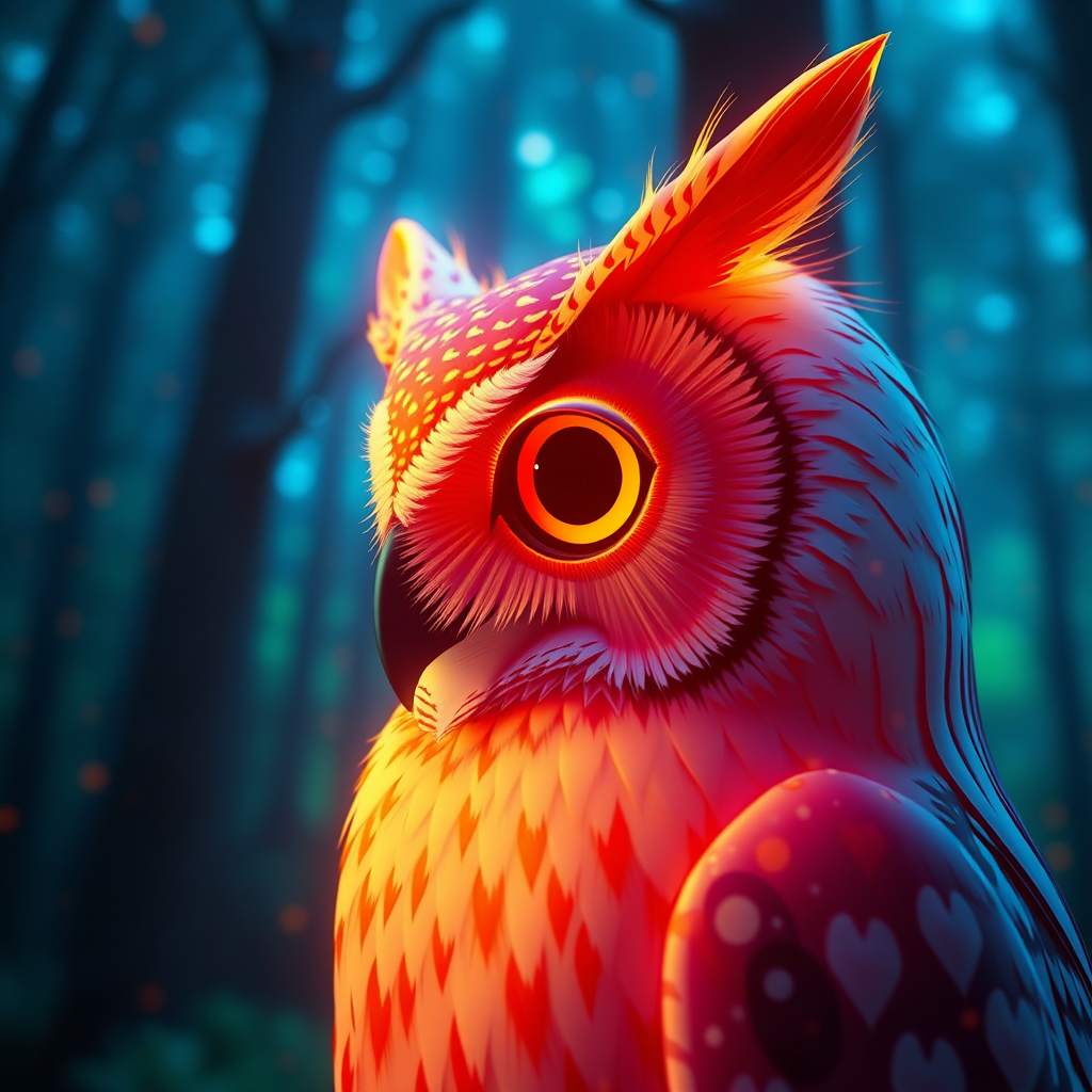 Portrait | wide angle shot of eyes off to one side of frame, lucid dream-like 3D model of owl, game asset, blender, looking off in distance ::8 style | glowing ::8 background | forest, vivid neon wonderland, particles, blue, green, orange ::7 parameters | rule of thirds, golden ratio, asymmetric composition, hyper-maximalist, octane render, photorealism, cinematic realism, unreal engine, 8k ::7 --ar 16:9 --s 1000