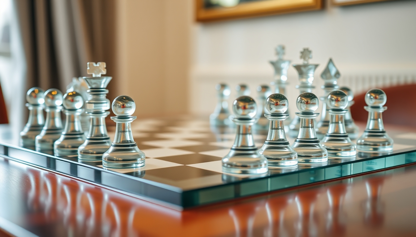 An elegant glass chess set on a polished wooden table, pieces mid-game.