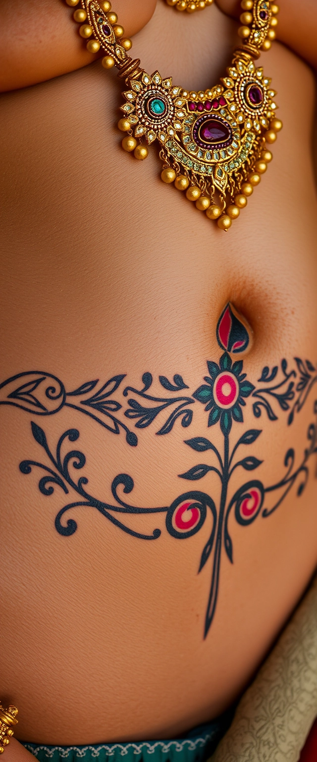 Close-up view of the tattooed waist of a white-skinned Indian woman with beautiful skin, wearing gold ornaments and oiled.