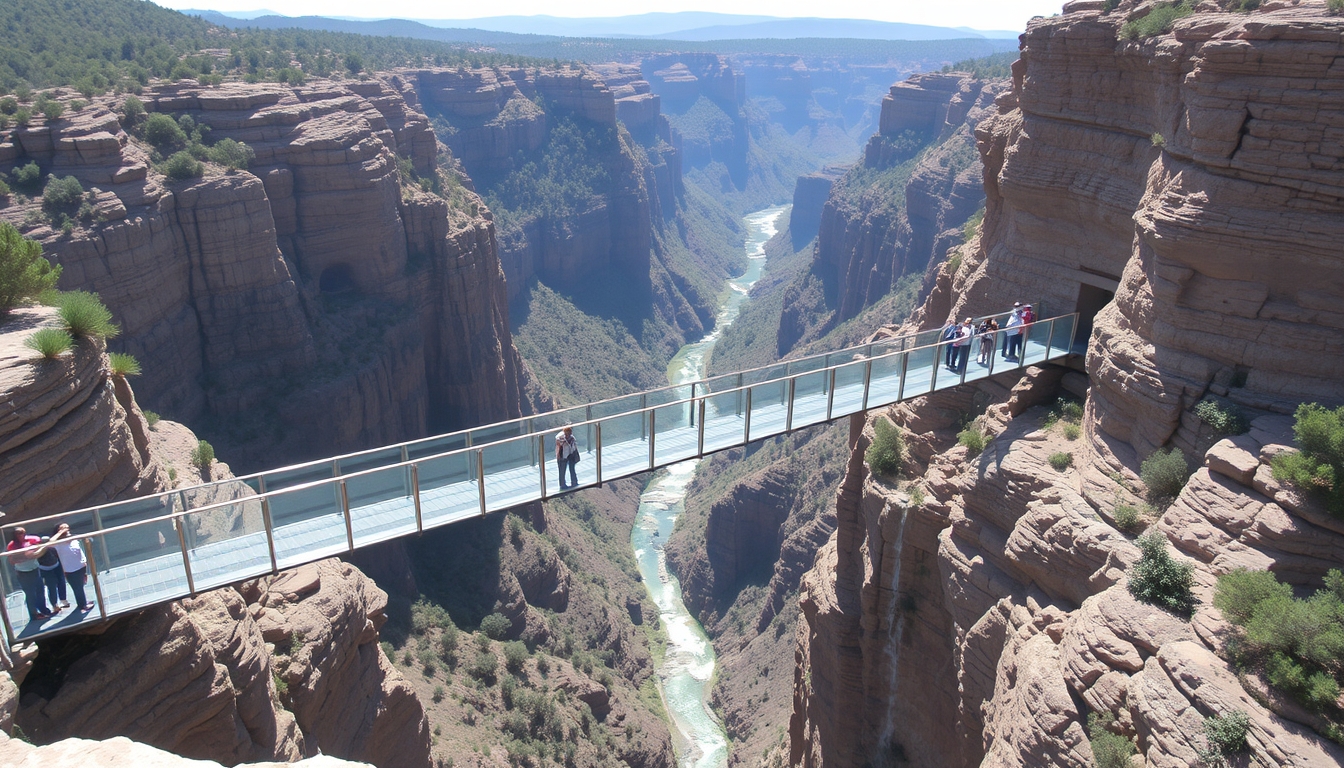 A glass bridge spanning a deep canyon, with tourists marveling at the view below.