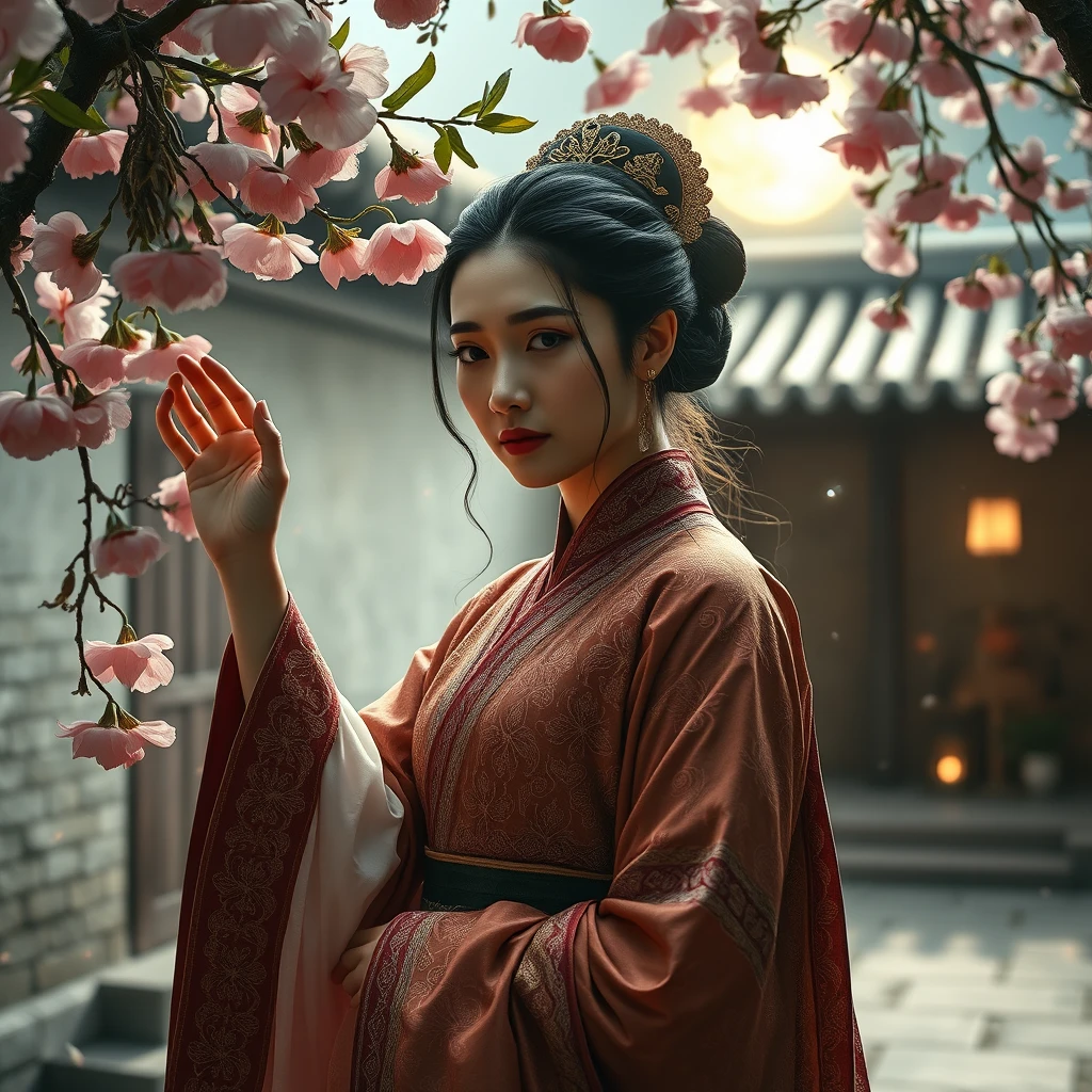 A woman dressed in magnificent ancient attire stands in an old courtyard, gently resting her hand on a blooming peach tree, its petals drifting down. There is a trace of sadness in her eyes, and in the background, a bright full moon casts its light upon her. Surrounding her are a few flying fireflies, captured in the style of a Sony photograph. - Image