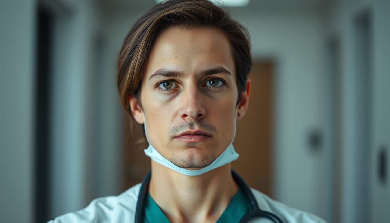 Serious portrait of a doctor in scrubs, looking focused and determined.