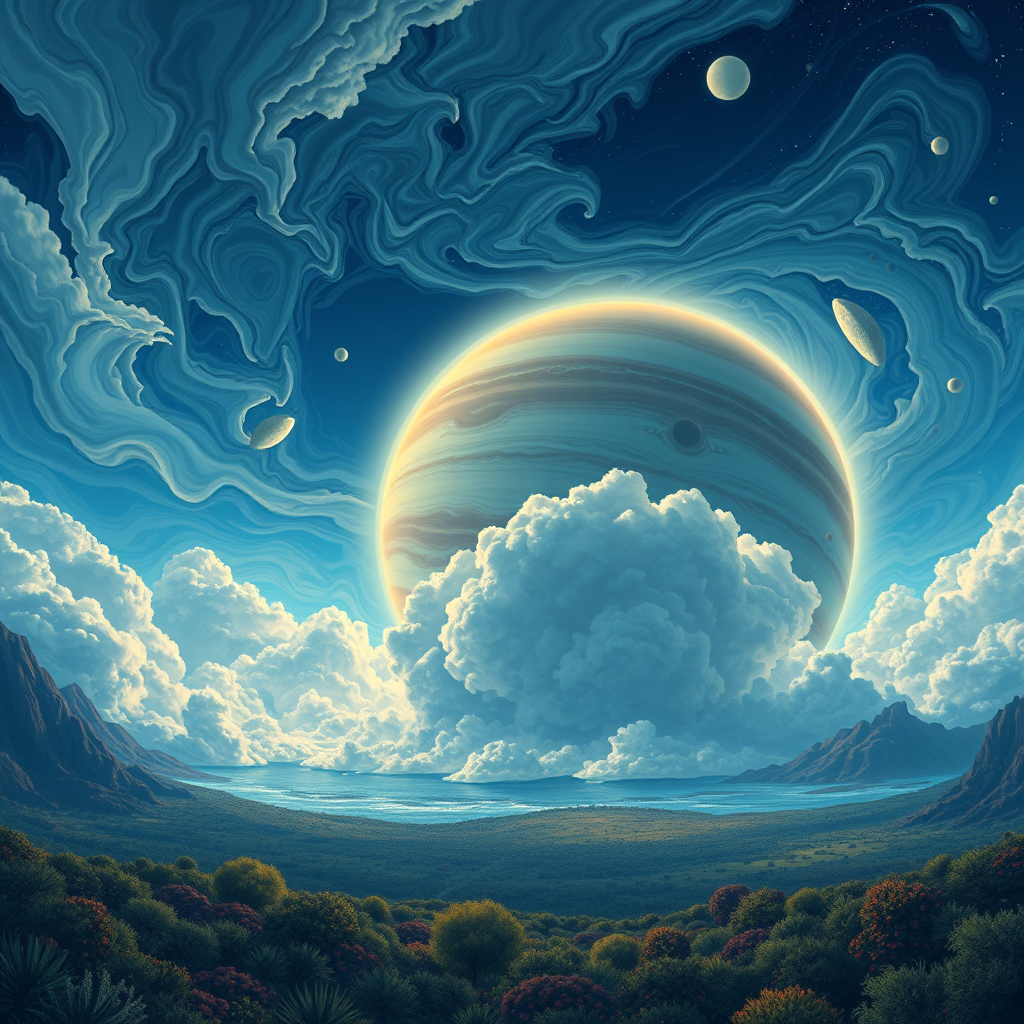 Illustration of Jupiter clouds by Dan Mumford, alien landscape and vegetation, epic scene, a lot of swirling clouds, high exposure, highly detailed, realistic, vibrant blue tinted colors, UHD. - Image