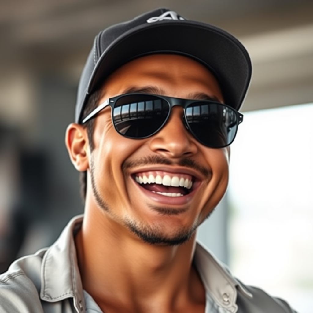 A cool, black and white man around 35 years old, upper body, wearing a baseball cap, Asian, with black aviator sunglasses, a bit of stubble, looking tough, wearing a shirt, his face full with defined features, strong physique, clean and fresh skin, laughing joyfully after winning a victory.