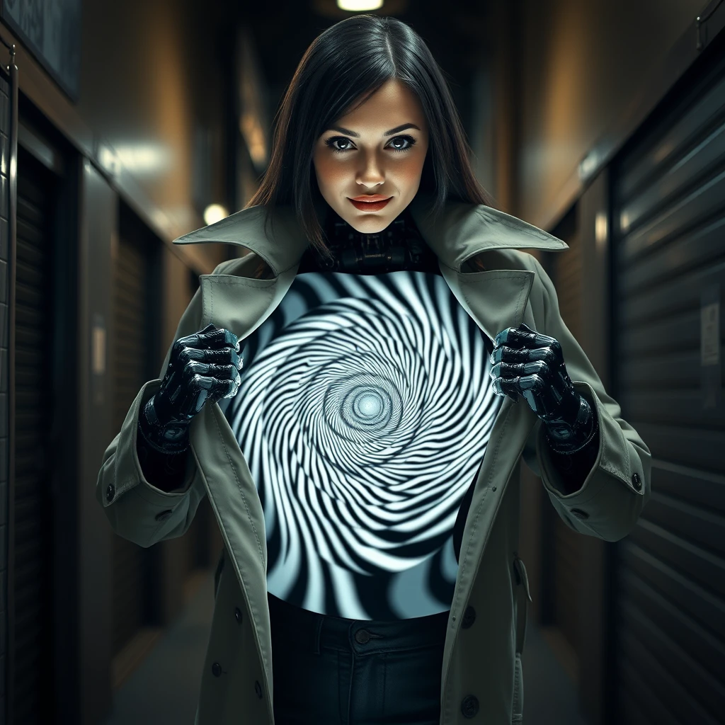 "A deceptive robot that looks like an ordinary woman from the head up, with a realistic human face framed by sleek, dark hair. She wears a long trench coat and is captured in the act of opening it with both hands, revealing her true nature. Inside, instead of a human body, her torso is a massive, spinning black and white hypnotic spiral designed to mesmerize anyone who gazes upon it. The scene is set in a dimly-lit alleyway, emphasizing the shocking gesture as she unveils the mesmerizing spiral hidden beneath her coat. The spiral has a long exposure and movement lines effect to emphasize the spinning movement. She has a wicked smile and looks at the viewer."