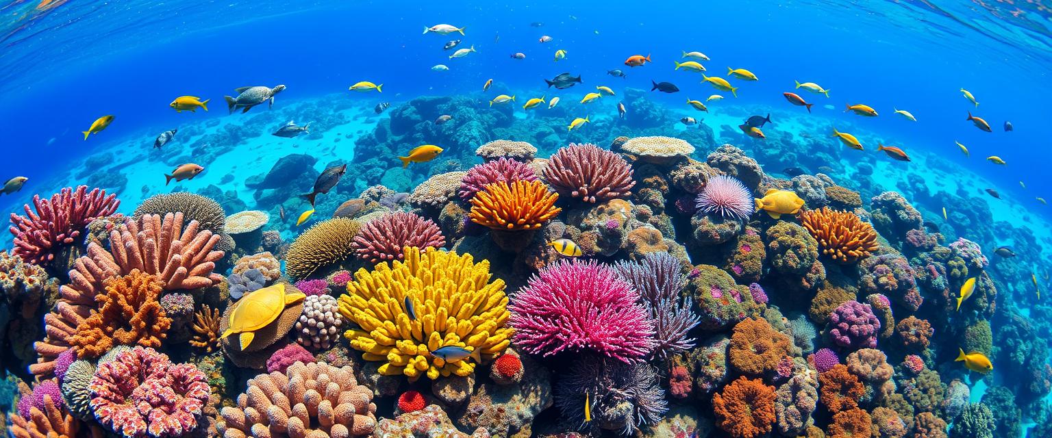 Vibrant, colorful coral reefs, underwater paradise, tropical fish, high quality, photorealistic, clear turquoise water, marine life, scuba diving, snorkeling, breathtaking, vibrant, exotic, diverse::0.5 sea turtles, manta rays, underwater caves, vibrant corals, shipwrecks, underwater photography, ocean conservation.