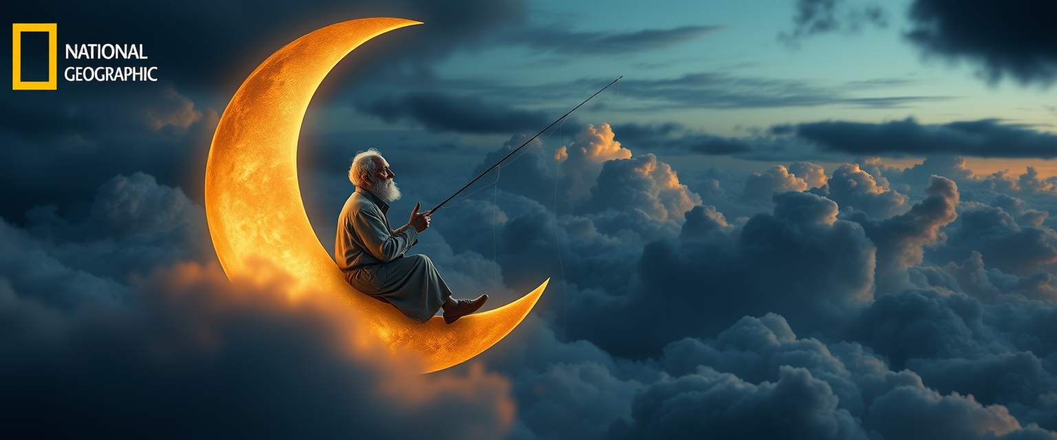 An old man sits serenely on a crescent moon, fishing among the clouds. The scene has an evening, tranquil atmosphere. It’s dreamy and whimsical. Deep depth of field, photography, National Geographic photo, hyper-realistic, 16k resolution, masterpiece, award-winning artwork, many details, extremely detailed, full of details, wide range of colors, high dynamic.