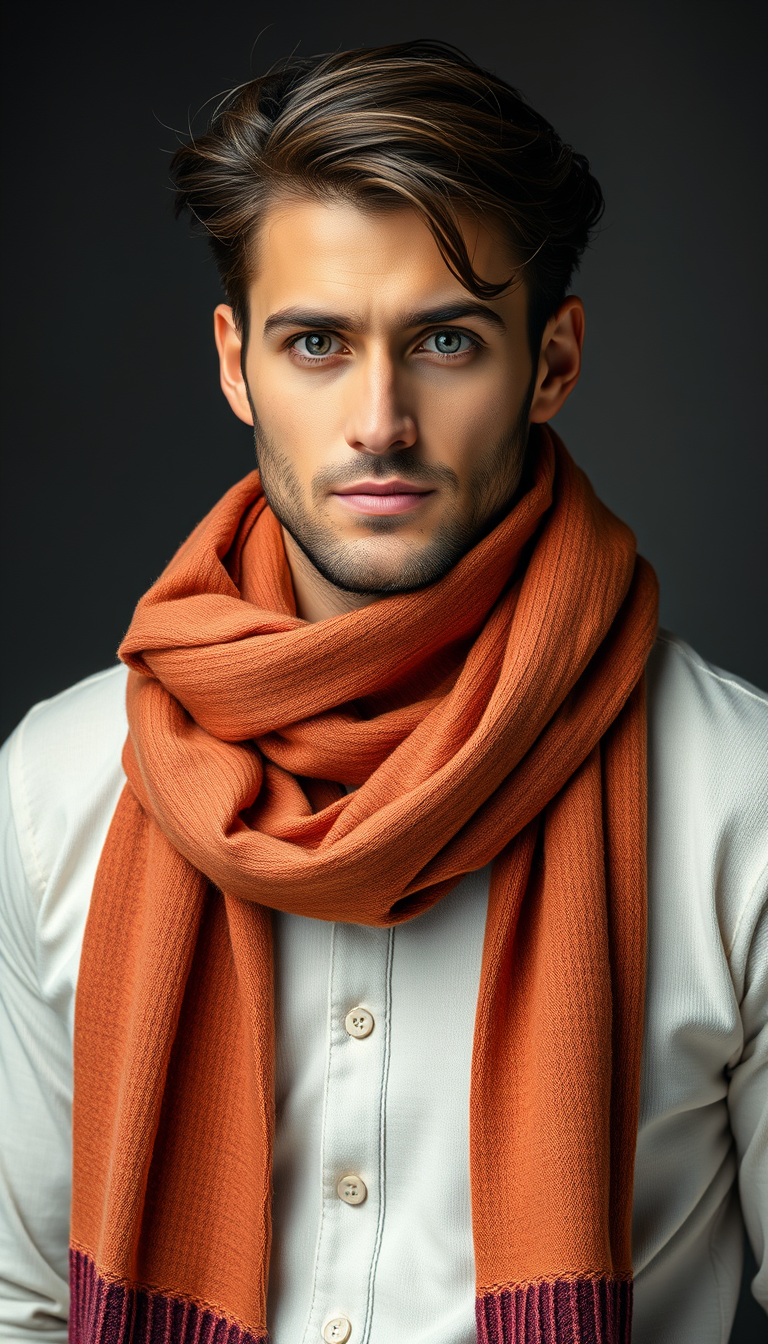 A full-body shot of a handsome male model wearing a scarf.