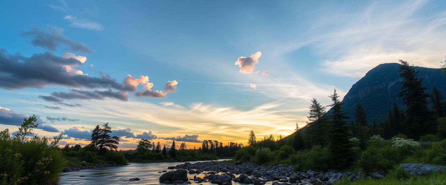 outdoors scenery, with clouds in the sky, a river, trees, flowers, rocks, at sunset, with a mountain in the background, a reflection of nature - Image