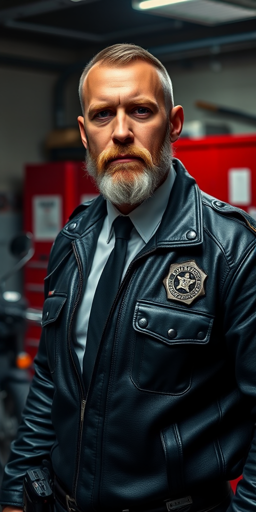 A high-resolution portrait of a muscular, bearded 60-year-old male police officer in a dimly lit garage. He wears a tight black leather jacket with police insignia, over a white shirt and black tie. His serious expression contrasts with blurred red metal cabinets and a motorcycle in the background, enhancing the industrial atmosphere. - Image