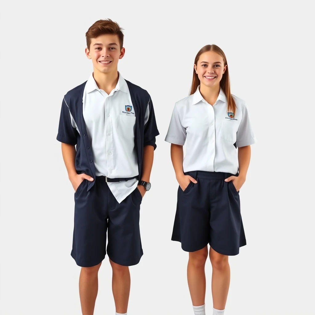 Two students are standing independently, smiling happy faces of two Australian students from St Andrews College, 14 years old, wearing white shirt uniforms and navy shorts in a conservative style, with the school's uniform, black shoes, and white socks, no jacket. The young man's sharp features and the young woman's kind gaze exude intelligence and determination, with their hands out of the jacket, they stand facing the photographer. The background is plain and neutral, keeping the focus on the subjects, realistic, high-quality, full-body, and sharply detailed photography shot by Sony A7A1 with a 16mm lens, 8K.